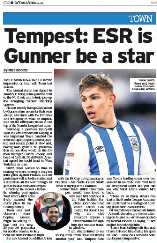 Arteta wanted 'exceptional talent' back laments Dale Tempest 3 Arteta wanted Smith Rowe, Tempest: ESR is Gunner be a star - Huddersfield Examiner, 10 August 2020