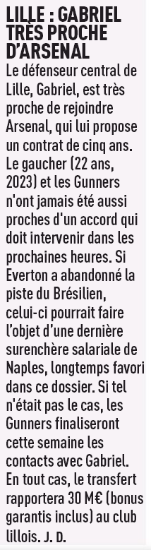 More reports Gabriel will join Arsenal 3 Gabriel close to Arsenal move according to L'Equipe, 20 August 2020