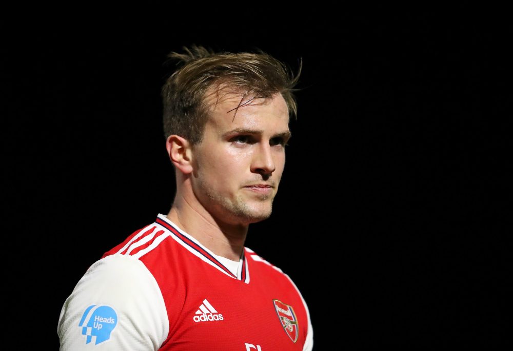 BOREHAMWOOD, ENGLAND - FEBRUARY 17: Rob Holding of Arsenal FC looks on during the Premier League 2 match between Arsenal FC U23s and Chelsea FC U23...