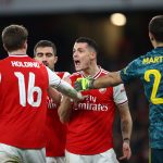 LONDON, ENGLAND - JANUARY 06: Granit Xhaka of Arsenal (c) argues with Rob Holding of Arsenal (L) during the FA Cup Third Round match between Arsenal FC and Leeds United at the Emirates Stadium on January 06, 2020 in London, England. (Photo by Julian Finney/Getty Images)