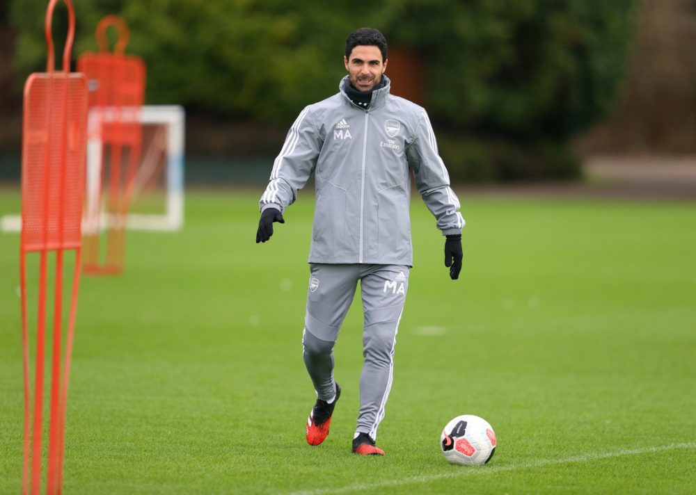 ST ALBANS, ENGLAND - FEBRUARY 19: Arsenal Manager, Mikel Arteta looks on during a Arsenal Training Session at London Colney on February 19, 2020 in St Albans, England. (Photo by Richard Heathcote/Getty Images)