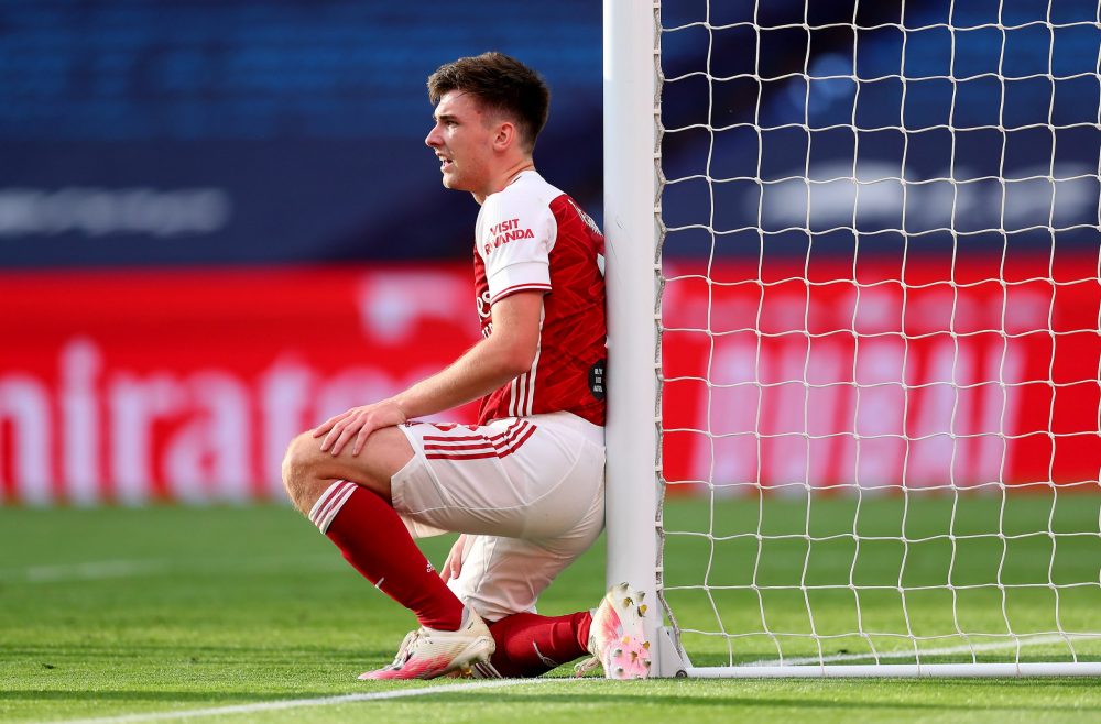LONDON, ENGLAND - AUGUST 01: Kieran Tierney of Arsenal reacts during the Heads Up FA Cup Final match between Arsenal and Chelsea at Wembley Stadium...