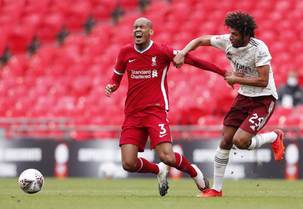 Sampdoria 'ready' for Mohamed Elneny loan 2 LONDON, ENGLAND: Fabinho of Liverpool battles for possession with Mohamed Elneny of Arsenal during the FA Community Shield final between Arsenal and Liverpool at Wembley Stadium on August 29, 2020. (Photo by Andrew Couldridge/Pool via Getty Images)