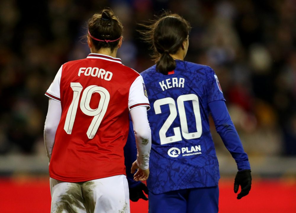 NOTTINGHAM, ENGLAND - FEBRUARY 29: Caitlin Foord of Arsenal and Sam Kerr of Chelsea during the FA Women's Continental League Cup Final Chelsea FC W...