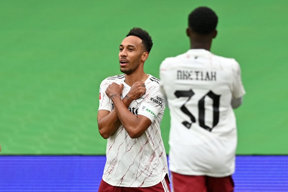 Arsenal's Pierre-Emerick Aubameyang (C) celebrates scoring his team's first goal during the English FA Community Shield football match between Arse...