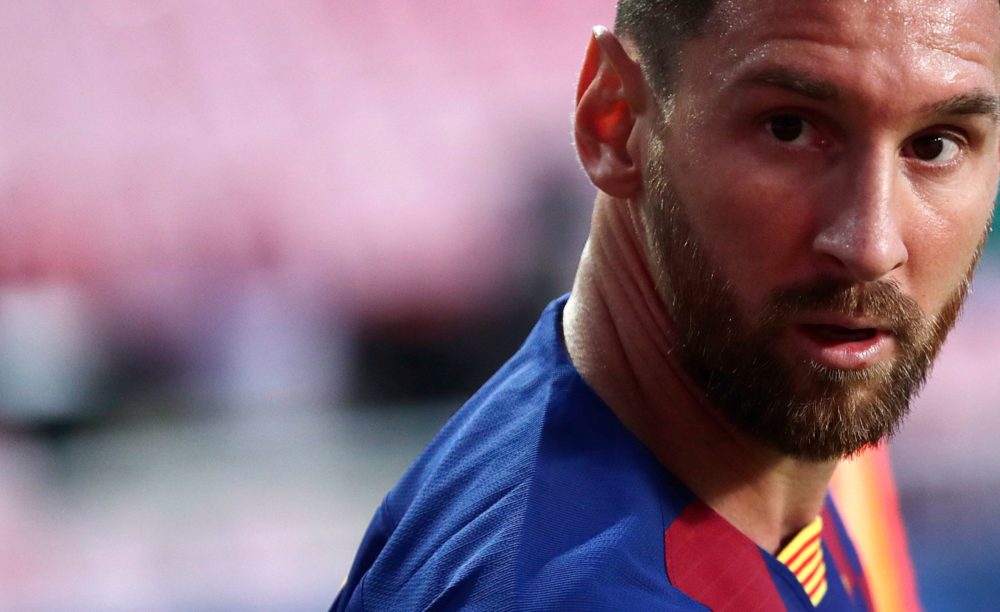 Barcelona's Argentinian forward Lionel Messi reacts after Bayern Munich's third goal during the UEFA Champions League quarter-final football match ...