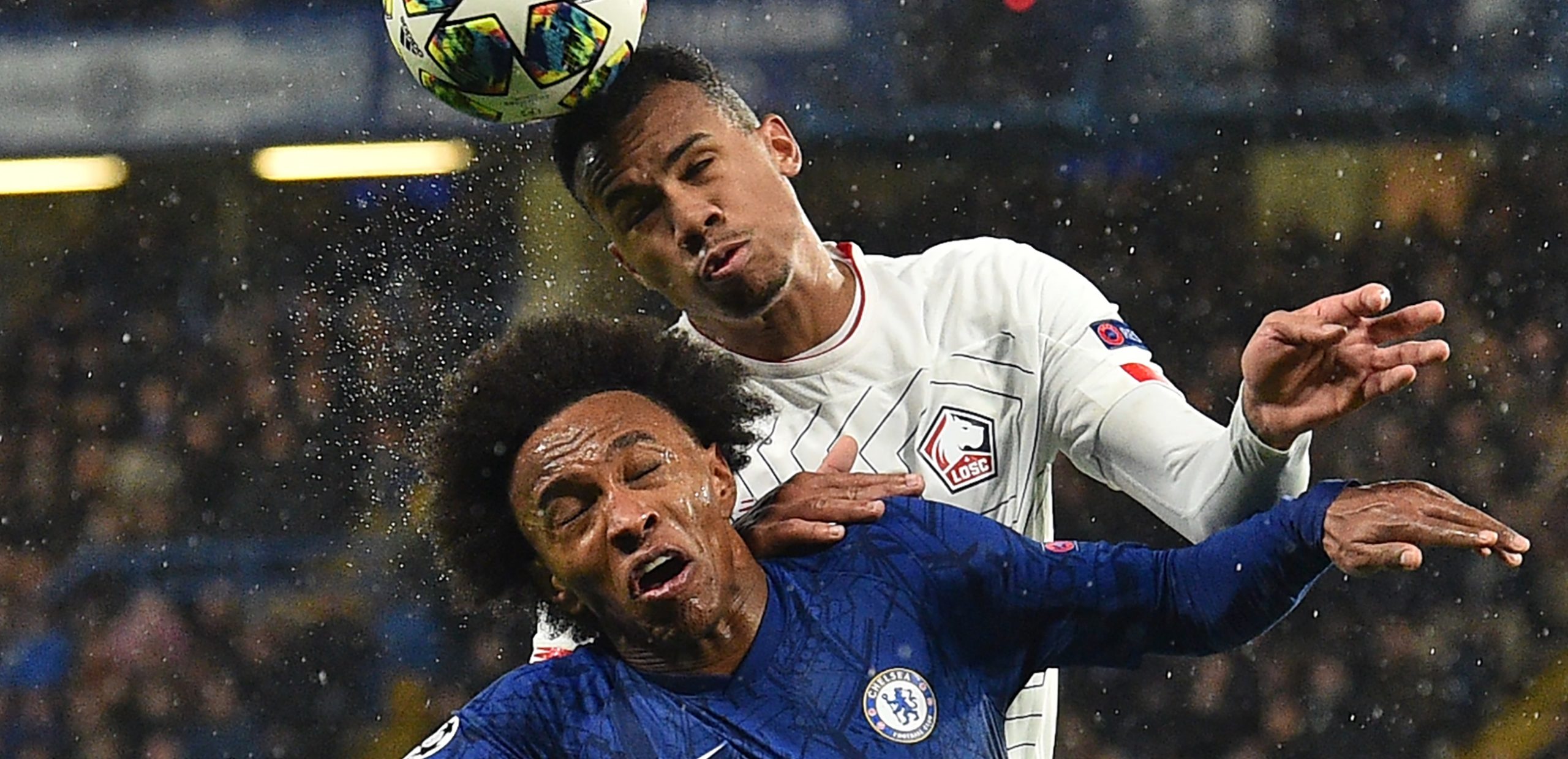 Gabriel Magalhaes fans: Chelsea's Brazilian midfielder Willian (L) vies with Lille's Brazilian defender Gabriel dos Santos Magalhaes during the UEF...