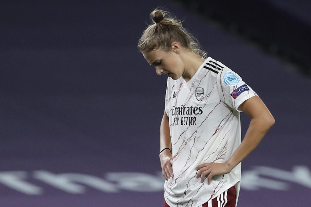 Arsenal's Dutch forward Vivianne Miedema reacts during the UEFA Women's Champions League quarter-final football match between Arsenal and Paris SG at the Anoeta stadium in San Sebastian on August 22, 2020. (Photo by Villar Lopez / POOL / AFP) (Photo by VILLAR LOPEZ/POOL/AFP via Getty Images)