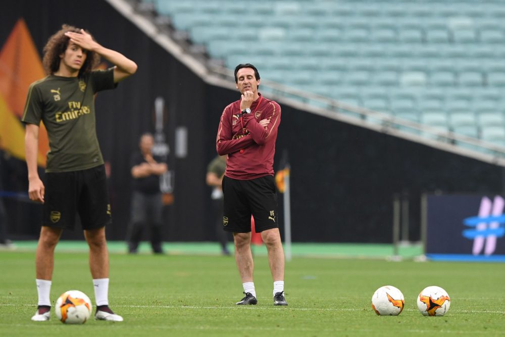 Unai Emery tables €30m bid for Matteo Guendouzi 3 Arsenal's French midfielder Matteo Guendouzi (L) and Arsenal's Spanish head coach Unai Emery attends a training session at the Baku Olympic Stadium in Baku on May 28, 2019 on the eve of the UEFA Europa League final football match between Chelsea and Arsenal. (Photo by Kirill KUDRYAVTSEV / AFP) (Photo credit should read KIRILL KUDRYAVTSEV/AFP via Getty Images)