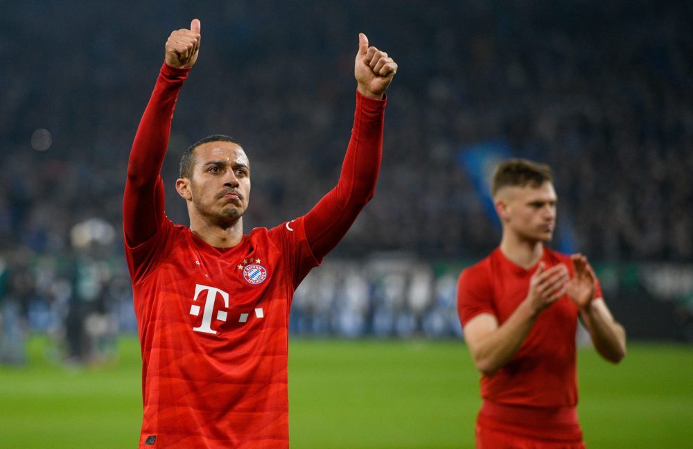 Arsenal want Bayern Munich to reduce price for Thiago Alcantara 2 Bayern Munich's Spanish midfielder Thiago Alcantara (L) and Bayern Munich's German midfielder Joshua Kimmich celebrate after the German Cup (DFB Pokal) quarter-final football match Schalke 04 v FC Bayern Munich in Gelsenkirchen, western Germany on March 3, 2020. (Photo by SASCHA SCHUERMANN / AFP) / DFB REGULATIONS PROHIBIT ANY USE OF PHOTOGRAPHS AS IMAGE SEQUENCES AND QUASI-VIDEO. (Photo by SASCHA SCHUERMANN/AFP via Getty Images)