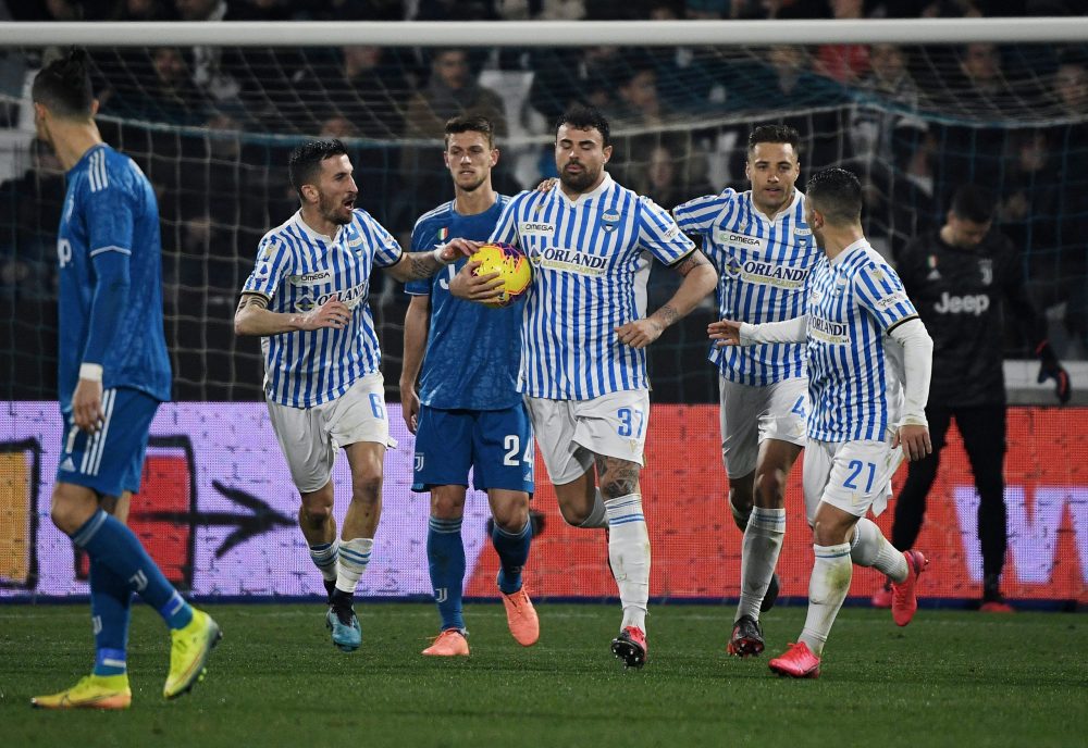 Arsenal move for Napoli's Petagna, seen as 'perfect for Premier League' 4 Spal's Italian forward Andrea Petagna (C) celebrates next to Juventus' Portuguese forward Cristiano Ronaldo (L) after scoring a penalty during the Italian Serie A football match SPAL vs Juventus on February 22, 2020 at the Paolo-Mazza stadium in Ferrara. (Photo by Isabella BONOTTO / AFP) (Photo by ISABELLA BONOTTO/AFP via Getty Images)