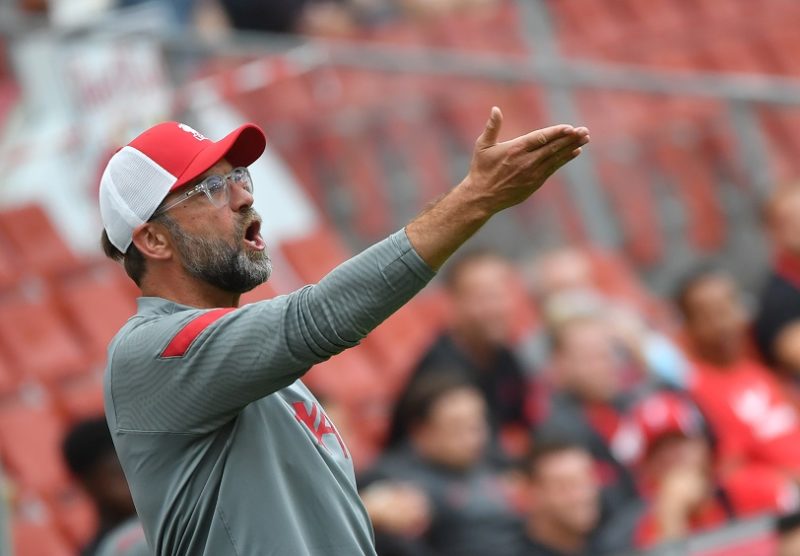 Liverpool's German manager Jurgen Klopp reacts during the friendly test match Liverpool v FC Salzburg in Salzburg, Austria on August 25 2020. (Phot...