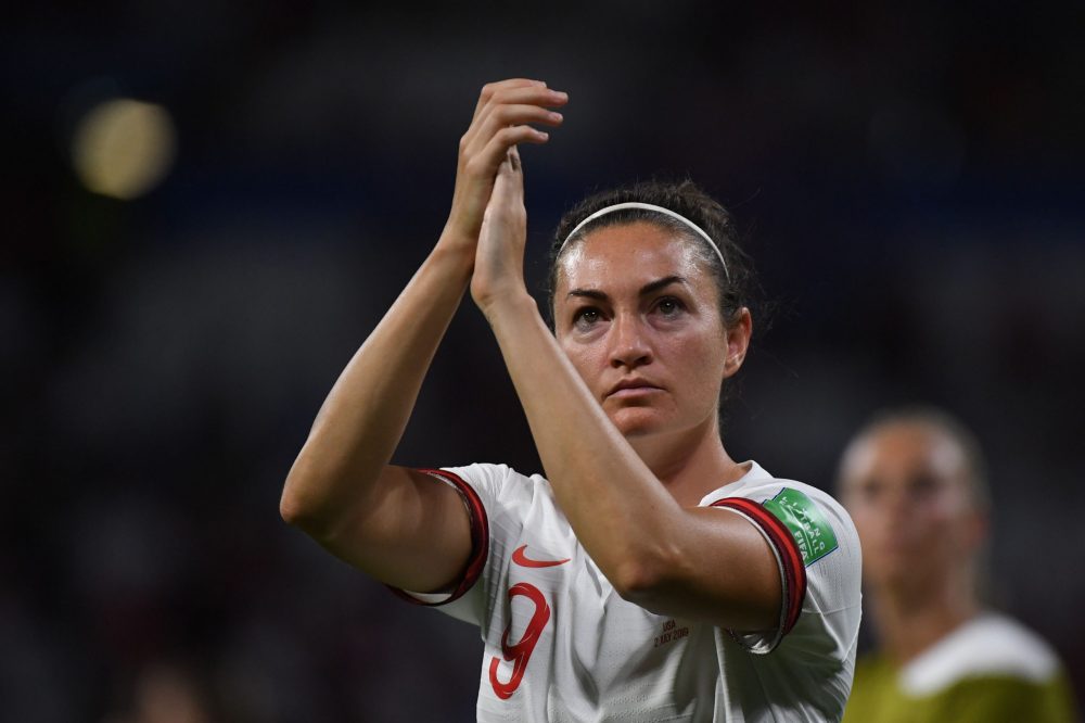 England's forward Jodie Taylor reacts after losing the France 2019 Women's World Cup semi-final football match between England and USA, on July 2, 2019, at the Lyon Satdium in Decines-Charpieu, central-eastern France. (Photo by Jean-Pierre Clatot / AFP) 