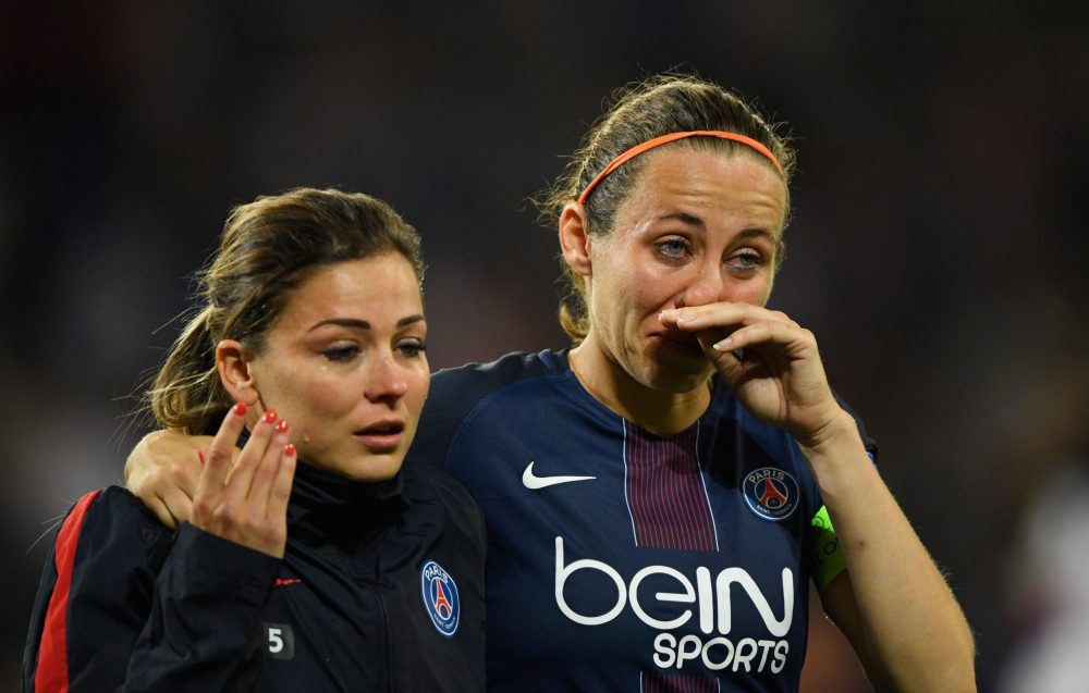 Arsenal announce Lewis, sign Akinola & receive Saliba warning 7 CARDIFF, WALES - JUNE 01: Sabrina Delannoy of Paris Saint-Germain Feminines (R) is consoled after penalty shoot out defeat during the UEFA Women's Champions League Final between Lyon and Paris Saint Germain at Cardiff City Stadium on June 1, 2017 in Cardiff, Wales. Olympique Lyonnais win 7-6 on penalties after the match finished 0-0. (Photo by Stu Forster/Getty Images)