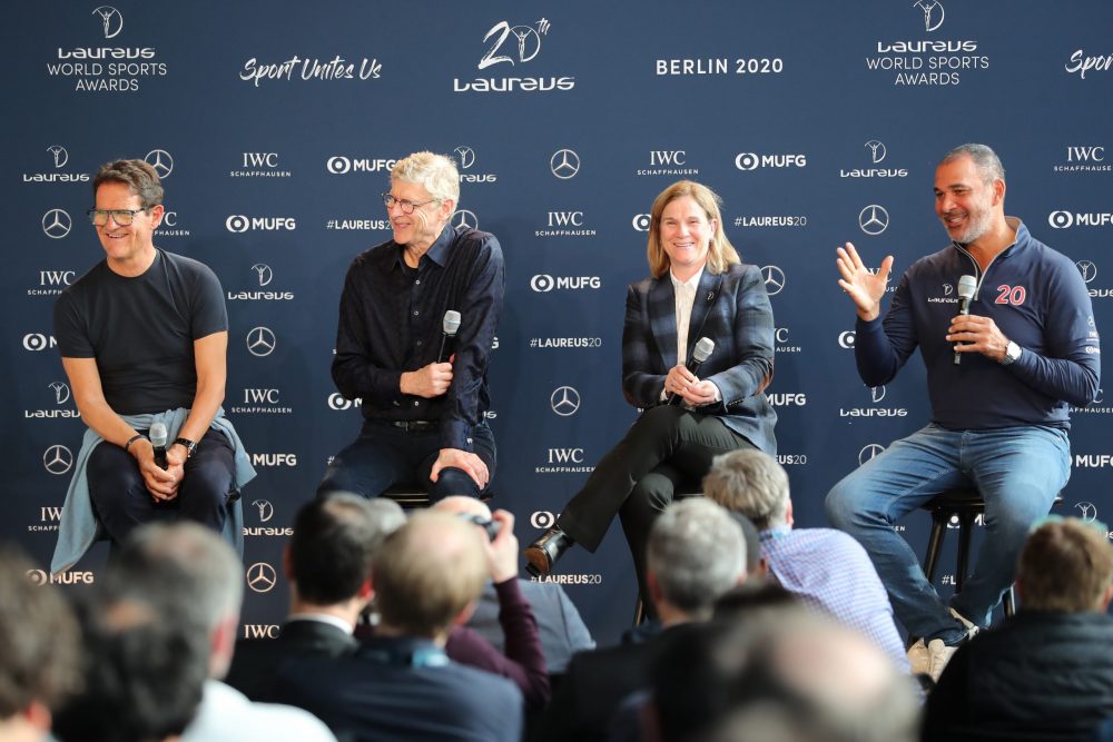 BERLIN, GERMANY - FEBRUARY 17: (L-R) Laureus Ambassador Fabio Capello, Arsene Wenger,Former Head Coach Jill Ellis of the Laureus World Team of the Year nominee USA Women's Football Team, Laureus Academy Member Ruud Gullit during the Football Coaches discussion at the Mercedes Benz Building prior to the Laureus World Sports Awards on February 17, 2020 in Berlin, Germany. (Photo by Boris Streubel/Getty Images for Laureus)