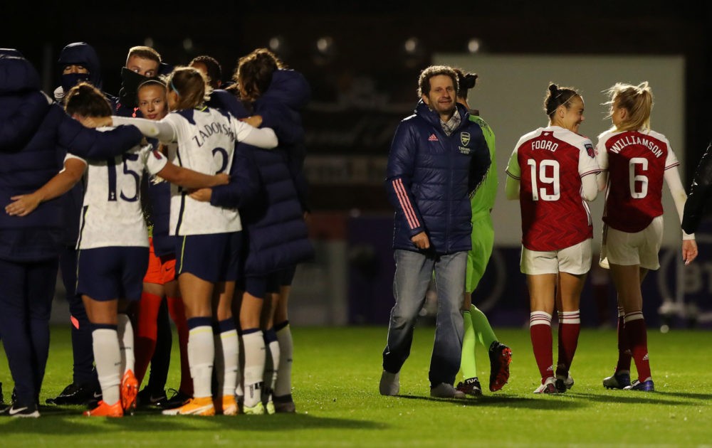 Arsenal reward 19-year-old keeper with new long-term contract 3 BOREHAMWOOD, ENGLAND - SEPTEMBER 26: Joe Montemurro, Manager of Arsenal looks on following the Vitality Women's FA Cup Quarter Final between Arsenal FC and Tottenham Hotspur FC at Meadow Park on September 26, 2020 in Borehamwood, England. Sporting stadiums around the UK remain under strict restrictions due to the Coronavirus Pandemic as Government social distancing laws prohibit fans inside venues resulting in games being played behind closed doors. (Photo by Naomi Baker/Getty Images)
