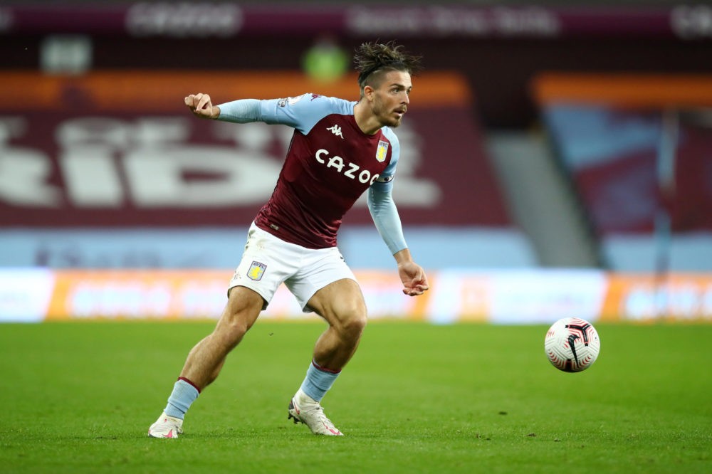 BIRMINGHAM, ENGLAND - SEPTEMBER 21: Jack Grealish of Aston Villa runs with the ball during the Premier League match between Aston Villa and Sheffield United at Villa Park on September 21, 2020 in Birmingham, England. (Photo by Julian Finney/Getty Images)