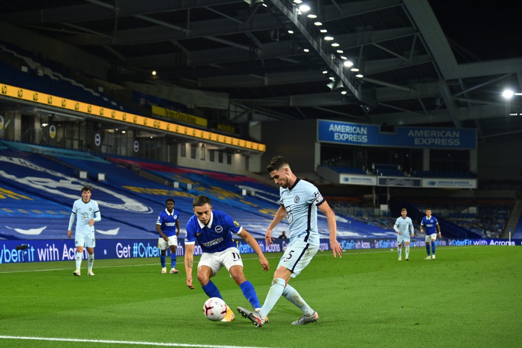 BRIGHTON, ENGLAND - SEPTEMBER 14: Jorginho of Chelsea is put under pressure by Leandro Trossard of Brighton and Hove Albion during the Premier League match between Brighton & Hove Albion and Chelsea at American Express Community Stadium on September 14, 2020 in Brighton, England. (Photo by Glyn Kirk/Pool via Getty Images)