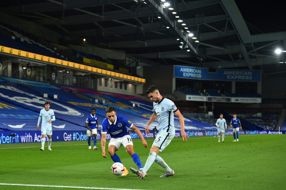 BRIGHTON, ENGLAND - SEPTEMBER 14: Jorginho of Chelsea is put under pressure by Leandro Trossard of Brighton and Hove Albion during the Premier Leag...