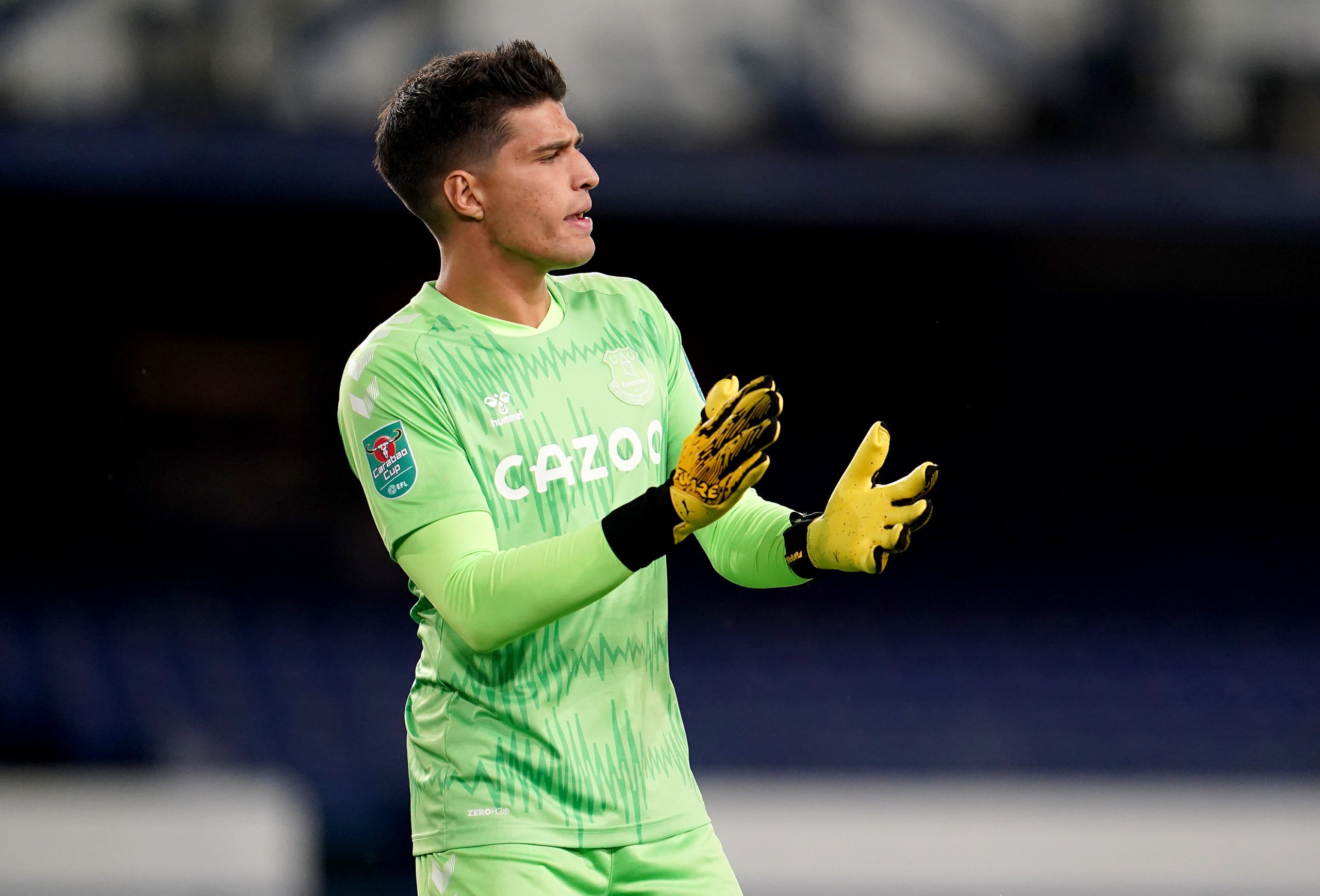 LIVERPOOL, ENGLAND: Joao Virginia of Everton reacts during the Carabao Cup Second Round match between Everton FC and Salford City at Goodison Park ...