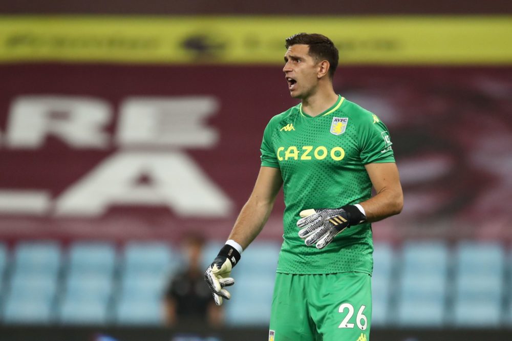 Aston Villa's Argentine goalkeeper Emiliano Martinez during the English Premier League football match between Aston Villa and Sheffield Utd at Vill...