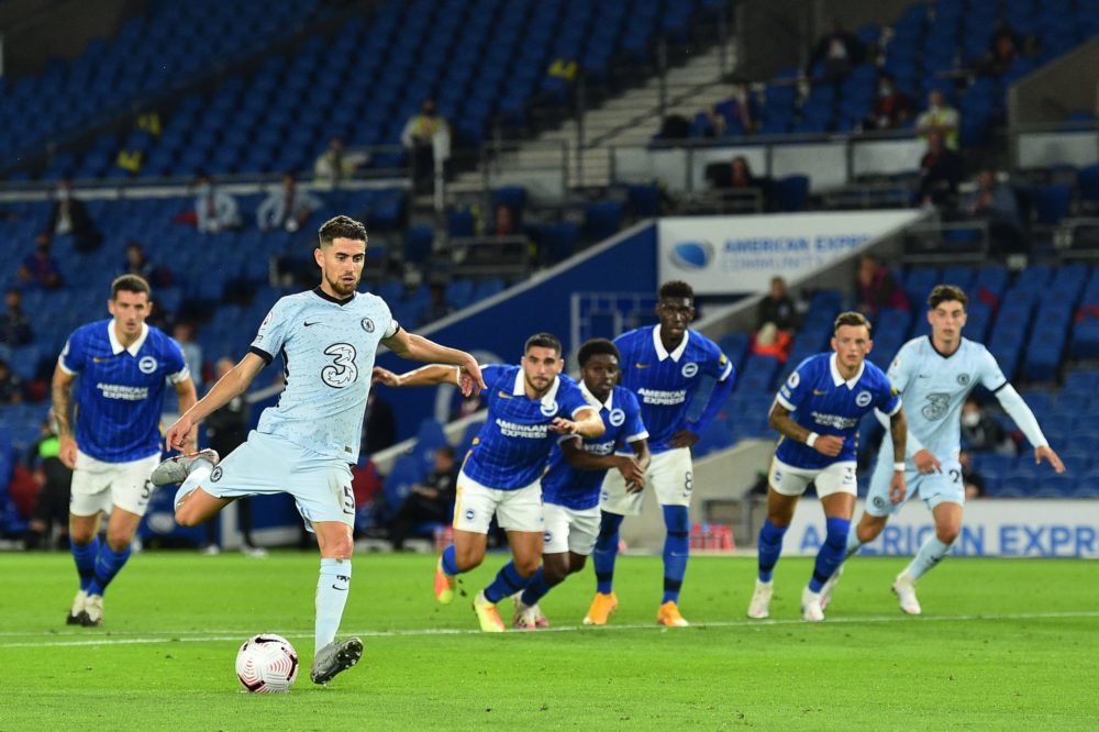 Chelsea's Italian midfielder Jorginho scores a penalty during the English Premier League football match between Brighton and Hove Albion and Chelse...