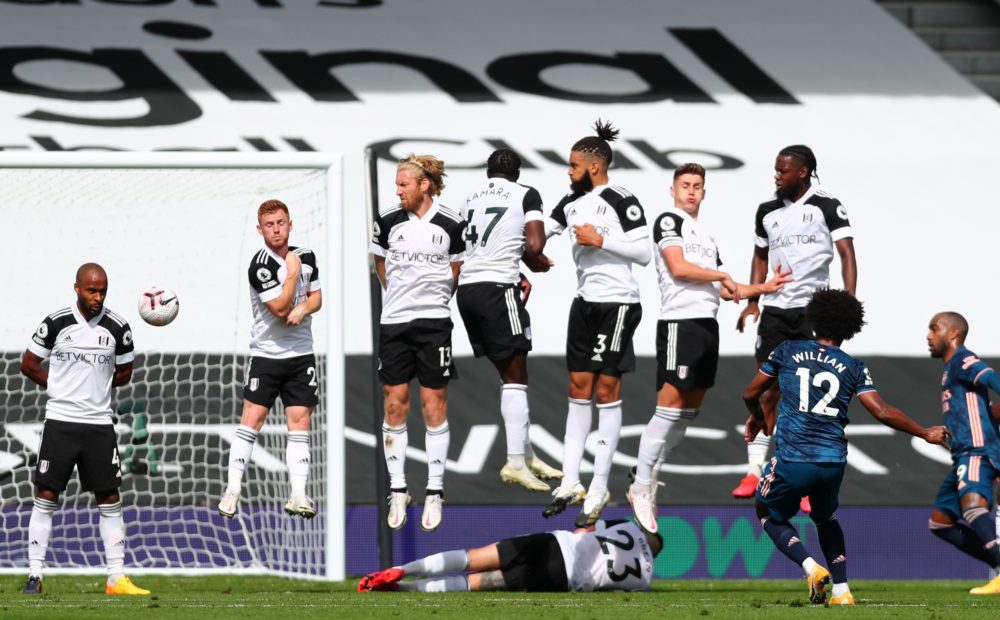 3 Willian assists as Mikel Arteta spanks Scott Parker: Fulham vs Arsenal player ratings with goals 3 Arsenal's Brazilian midfielder Willian (2R) strikes a free kick that hits the post during the English Premier League football match between Fulham and Arsenal at Craven Cottage in London on September 12, 2020. (Photo by Clive Rose / POOL / AFP)