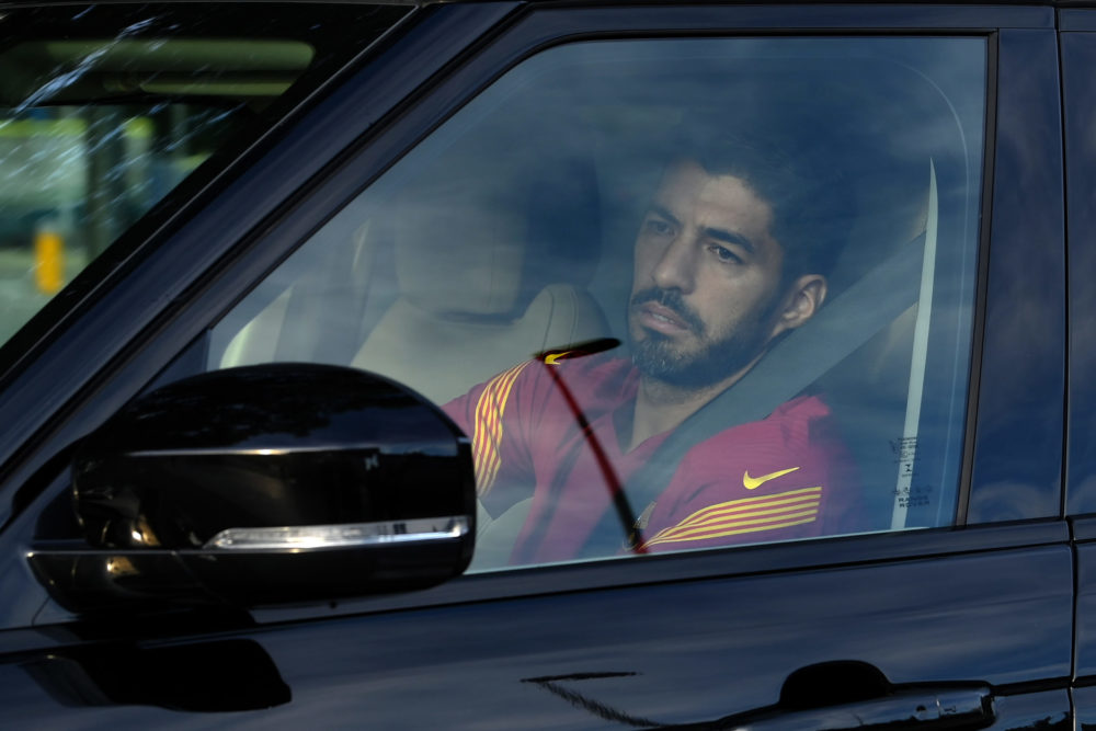 Barcelona's Uruguayan forward Luis Suarez arrives at the Joan Gamper Ciutat Esportiva in Sant Joan Despi near Barcelona for a training session on S...