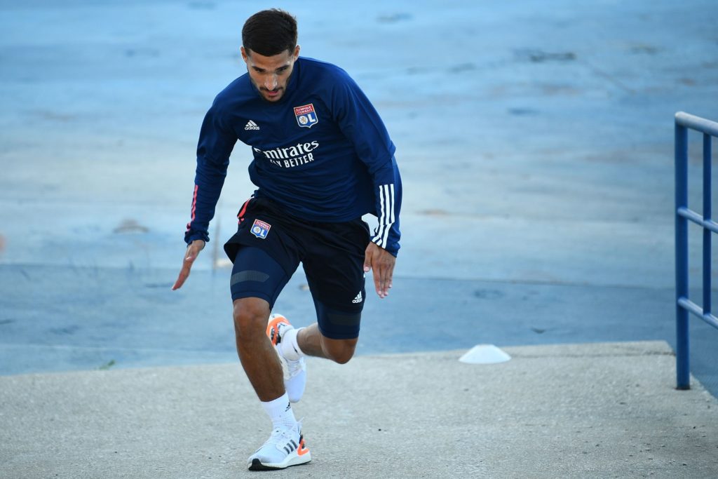 Lyon's French midfielder Houssem Aouar attends a training session at the Restelo training ground in Lisbon on August 18, 2020 on the eve of the UEFA Champions League semifinal football match between Lyon and Bayern Munich. (Photo by FRANCK FIFE / various sources / AFP)