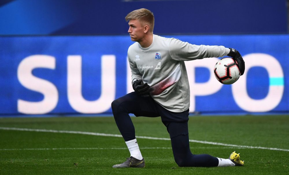 Iceland's goalkeeper Runar Alex Runarsson plays the ball during a training seesion at the Stade de France in Saint-Denis, north of Paris, on March ...