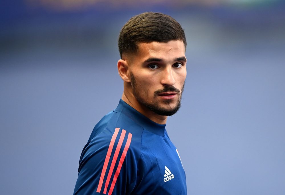 Lyon's forward Houssem Aouar arrives for a training session at the Stade de France stadium in Saint-Denis, north of Paris, on July 30, 2020, on the...