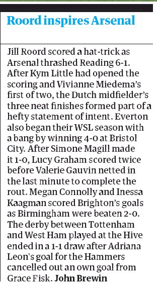 'Roord inspires Arsenal' - Guardian 7 September 2020