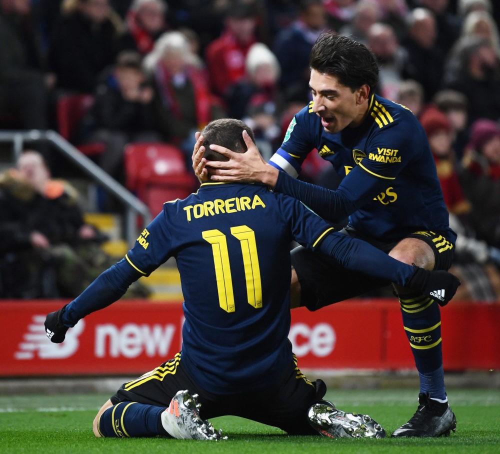 Arsenal beat Liverpool 5-4 on penalties after ridiculously boring game 5 LIVERPOOL, ENGLAND - OCTOBER 30: Lucas Torreira of Arsenal celebrates after scoring his team's first goal with Hector Bellerin of Arsenal during the Carabao Cup Round of 16 match between Liverpool and Arsenal at Anfield on October 30, 2019 in Liverpool, England. (Photo by Laurence Griffiths/Getty Images)