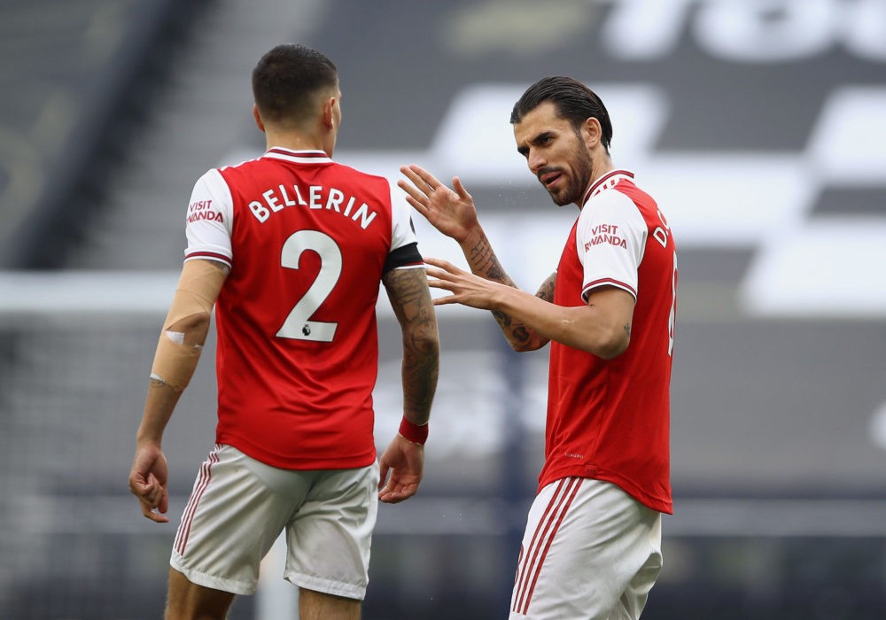 LONDON, ENGLAND - JULY 12: Hector Bellerin of Arsenal and Dani Ceballos of Arsenal speak during the Premier League match between Tottenham Hotspur ...