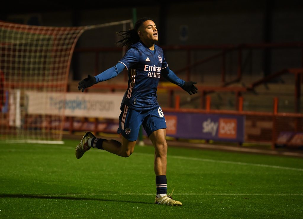 Miguel Azeez celebrates a goal against Crawley Town (Photo via Arsenal Academy on Twitter)