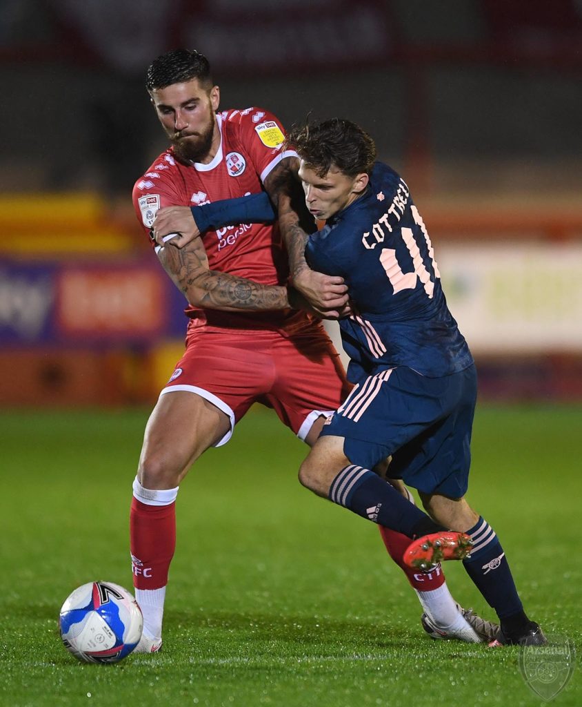 Goal videos: Azeez stars as Arsenal u21s beat Crawley Town 2 Ben Cottrell grappling with a Crawley Town player (Photo via David Price on Twitter)