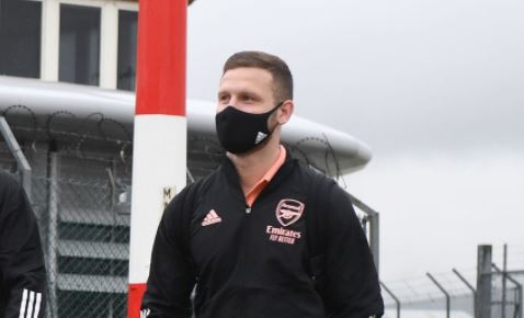 LUTON, ENGLAND - OCTOBER 21: (L-R) Sead Kolasinac and Shkodran Mustafi of Arsenal at Luton Airport on October 21, 2020 in Luton, England. (Photo by...