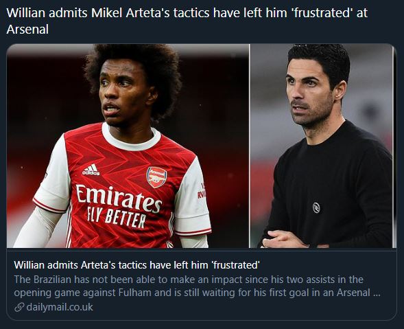 Arsenal fans' brutal comments when Willian replaced Smith Rowe 9 Misleading tweet and headline from the Daily Mail on Willian