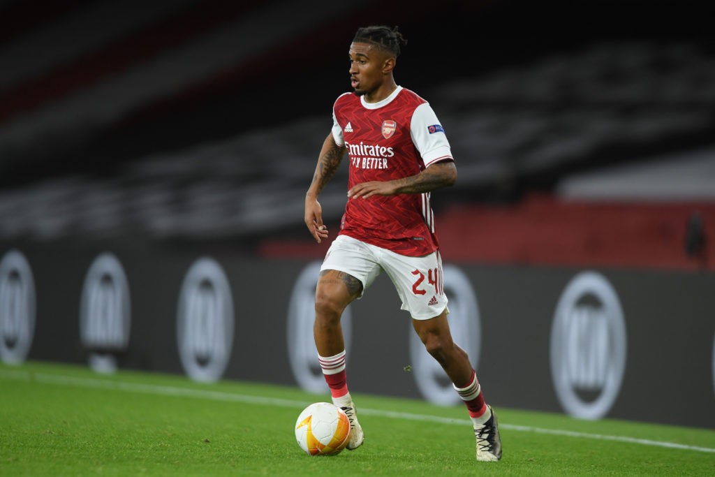 LONDON, ENGLAND: Reiss Nelson of Arsenal in action during the UEFA Europa League Group B stage match between Arsenal FC and Dundalk FC at Emirates Stadium on October 29, 2020. (Photo by Mike Hewitt/Getty Images)