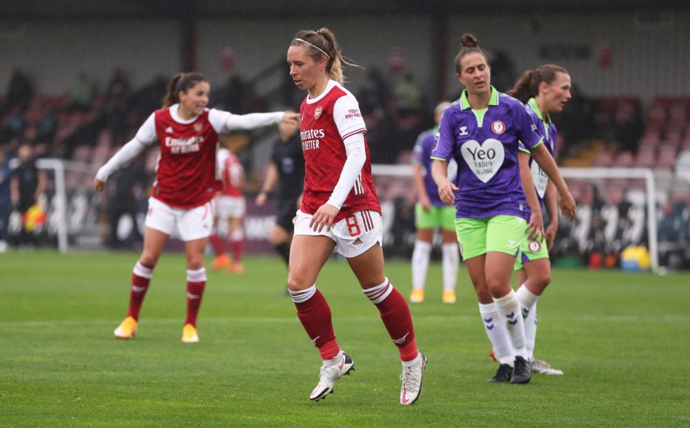 Arsenal stay top of the league but injuries and questions mount 2 BOREHAMWOOD, ENGLAND - OCTOBER 04: Jordan Nobbs of Arsenal FC celebrates after scoring her sides first goal during the Barclays FA Women's Super League match between Arsenal and Bristol City at Meadow Park on October 04, 2020 in Borehamwood, England. Sporting stadiums around the UK remain under strict restrictions due to the Coronavirus Pandemic as Government social distancing laws prohibit fans inside venues resulting in games being played behind closed doors. (Photo by Kate McShane/Getty Images)