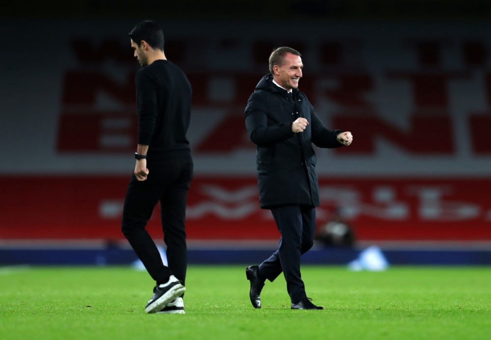 LONDON, ENGLAND - OCTOBER 25: Brendon Rodgers manager of Leicester City celebrates as he walks past Mikel Arteta manager of Arsenal after the Premier League match between Arsenal and Leicester City at Emirates Stadium on October 25, 2020 in London, England. Sporting stadiums around the UK remain under strict restrictions due to the Coronavirus Pandemic as Government social distancing laws prohibit fans inside venues resulting in games being played behind closed doors. (Photo by Catherine Ivill/Getty Images)