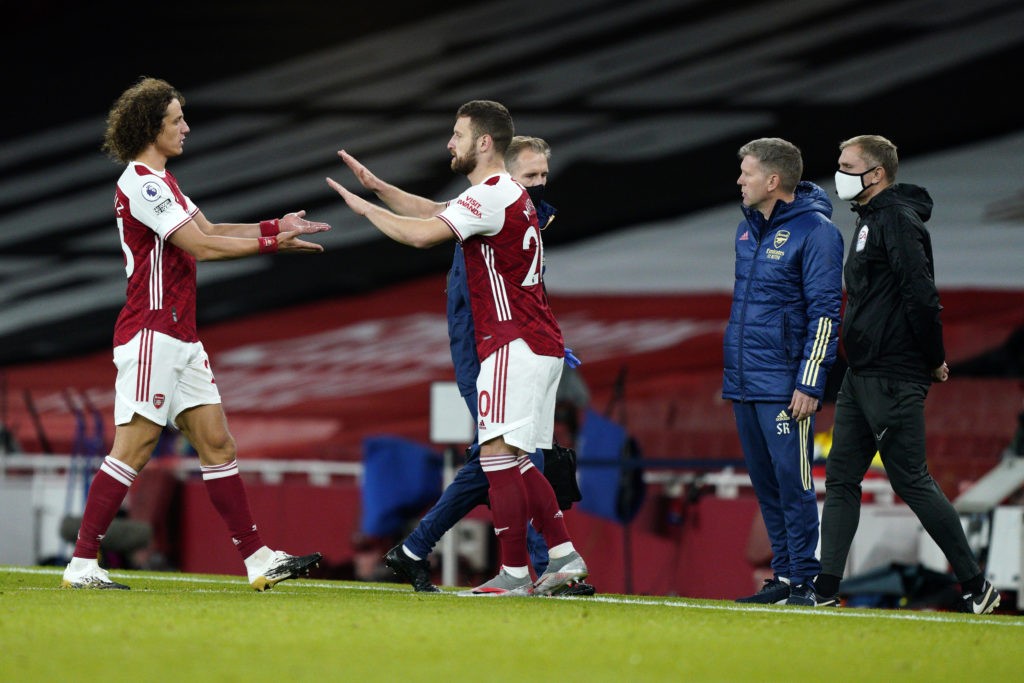 LONDON, ENGLAND: Shkodran Mustafi of Arsenal is substituted on for David Luiz of Arsenal during the Premier League match between Arsenal and Leicester City at Emirates Stadium on October 25, 2020. (Photo by Will Oliver - Pool/Getty Images)