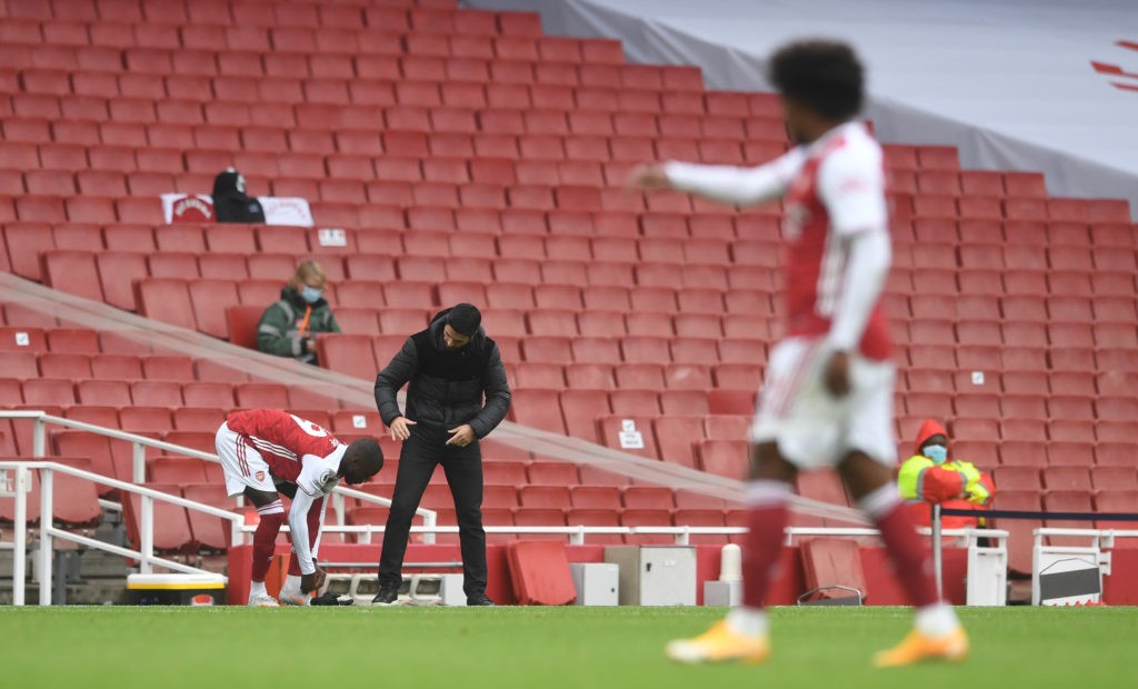 Arsenal legend tells Nicolas Pepe to 'play better' if he wants more minutes 3 LONDON, ENGLAND - OCTOBER 04: Mikel Arteta, Manager of Arsenal talks to Nicolas Pepe of Arsenal as he is sub during the Premier League match between Arsenal and Sheffield United at Emirates Stadium on October 04, 2020 in London, England. Sporting stadiums around the UK remain under strict restrictions due to the Coronavirus Pandemic as Government social distancing laws prohibit fans inside venues resulting in games being played behind closed doors. (Photo by Neil Hall - Pool/Getty Images)