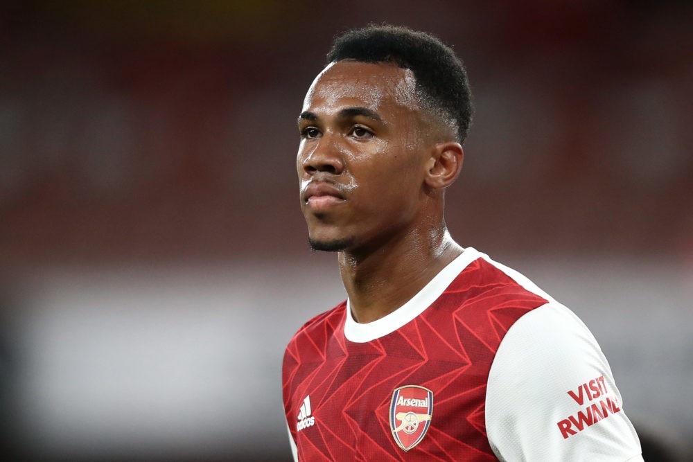 LONDON, ENGLAND - SEPTEMBER 19: Gabriel Magalhaes of Arsenal during the Premier League match between Arsenal and West Ham United at Emirates Stadiu...