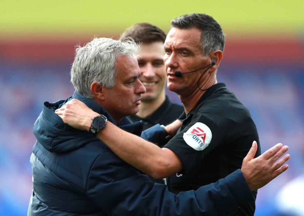 VAR for Arsenal vs Sheffield United same as for Liverpool defeat 2 LONDON, ENGLAND - JULY 26: Jose Mourinho, Manager of Tottenham Hotspur interacts with Referee Andre Marriner after the Premier League match between Crystal Palace and Tottenham Hotspur at Selhurst Park on July 26, 2020 in London, England.Football Stadiums around Europe remain empty due to the Coronavirus Pandemic as Government social distancing laws prohibit fans inside venues resulting in all fixtures being played behind closed doors. (Photo by Ian Walton/Pool via Getty Images)