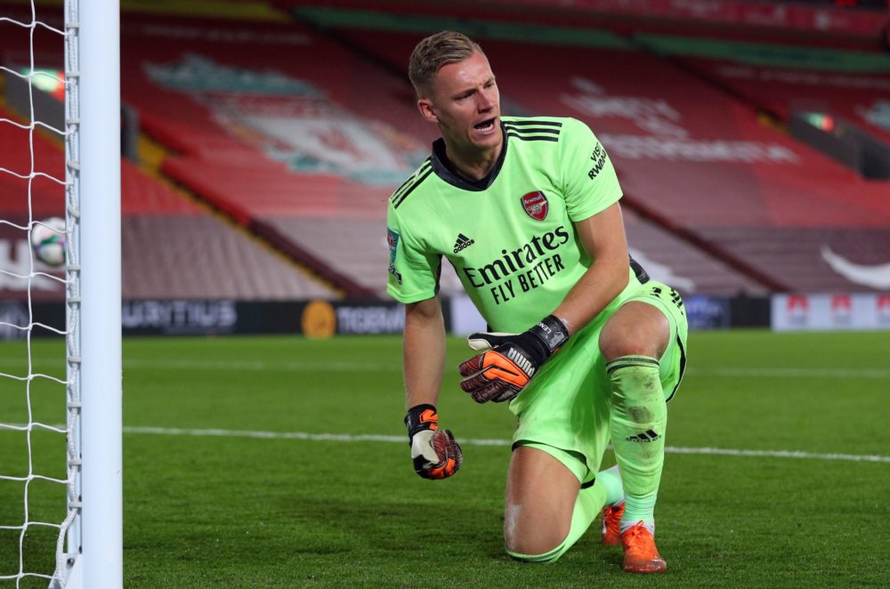 Arsenal's German goalkeeper Bernd Leno celebrates saving a penalty during the English League Cup fourth round football match between Liverpool and ...
