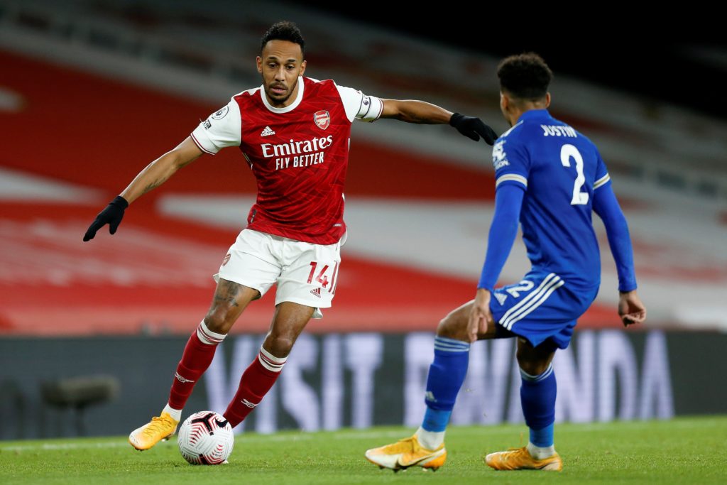 Pepe or Aubameyang: Arteta explains how he'll decide who to start 2 Leicester City's English defender James Justin (R) vies with Arsenal's Gabonese striker Pierre-Emerick Aubameyang during the English Premier League football match between Arsenal and Leicester City at the Emirates Stadium in London on October 25, 2020. (Photo by IAN KINGTON/IKIMAGES/AFP via Getty Images)