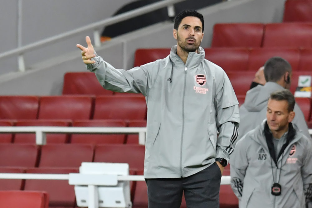 Arsenal's Spanish manager Mikel Arteta gestures during the UEFA Europa League 1st round day 2 Group B football match between Arsenal and Dundalk at...