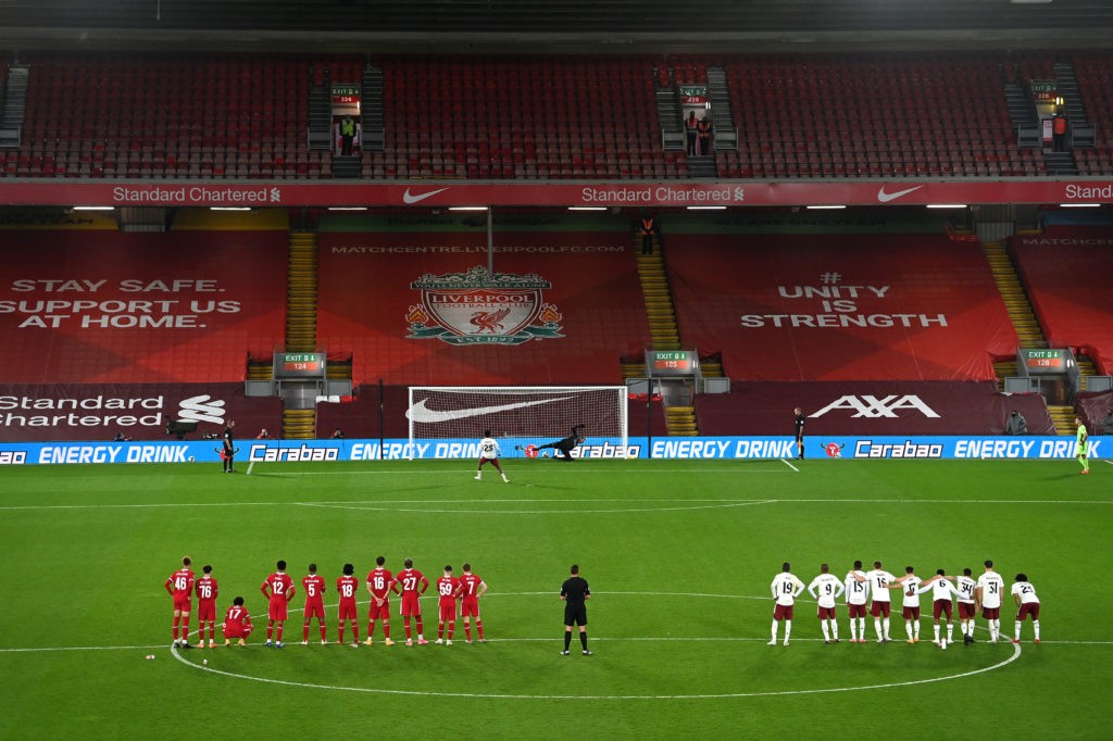 Arsenal u23 clash with Liverpool moved to Anfield 2 LIVERPOOL, ENGLAND - OCTOBER 01: Joe Willock of Arsenal scores his sides fifth and winning penalty during the penalty shoot out during the Carabao Cup fourth round match between Liverpool and Arsenal at Anfield on October 01, 2020 in Liverpool, England. Football Stadiums around United Kingdom remain empty due to the Coronavirus Pandemic as Government social distancing laws prohibit fans inside venues resulting in fixtures being played behind closed doors. (Photo by Laurence Griffiths/Getty Images)