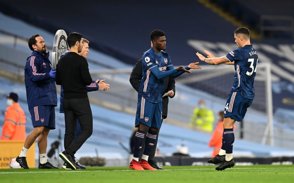 Thomas Partey Yellow cards: MANCHESTER, ENGLAND - OCTOBER 17: Thomas Partey of Arsenal is substituted on for Granit Xhaka of Arsenal during the Premier League match between Manchester City and Arsenal at Etihad Stadium on October 17, 2020 in Manchester, England. Sporting stadiums around the UK remain under strict restrictions due to the Coronavirus Pandemic as Government social distancing laws prohibit fans inside venues resulting in games being played behind closed doors. (Photo by Michael Regan/Getty Images)